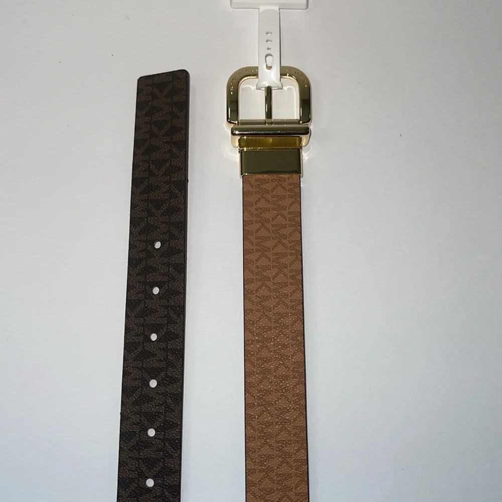 Michael Kors Reversible Women’s Belt Gold Buckle Signature MK Brown & Luggage.